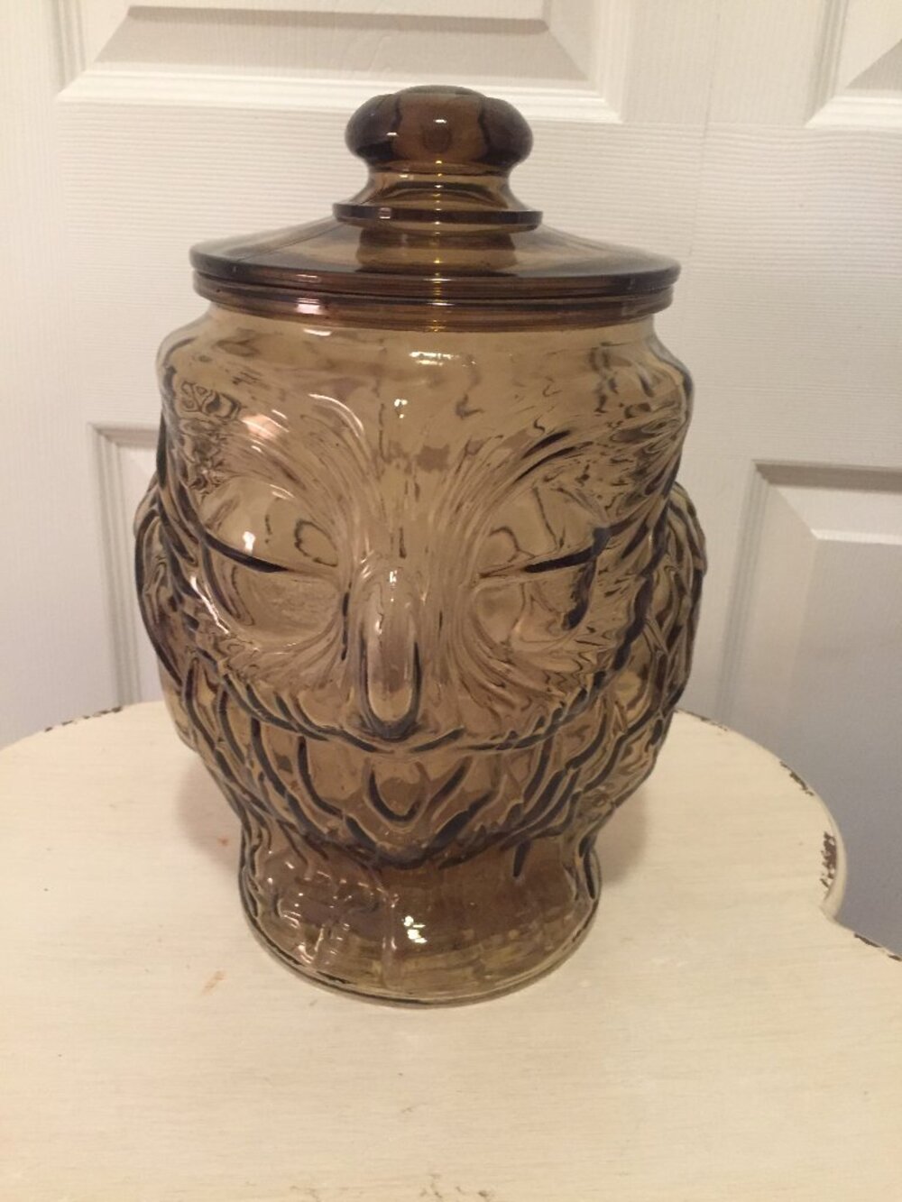Vintage Amber Glass Owl Cookie Jar with Lid 13" Tall Wise Owl Canister
